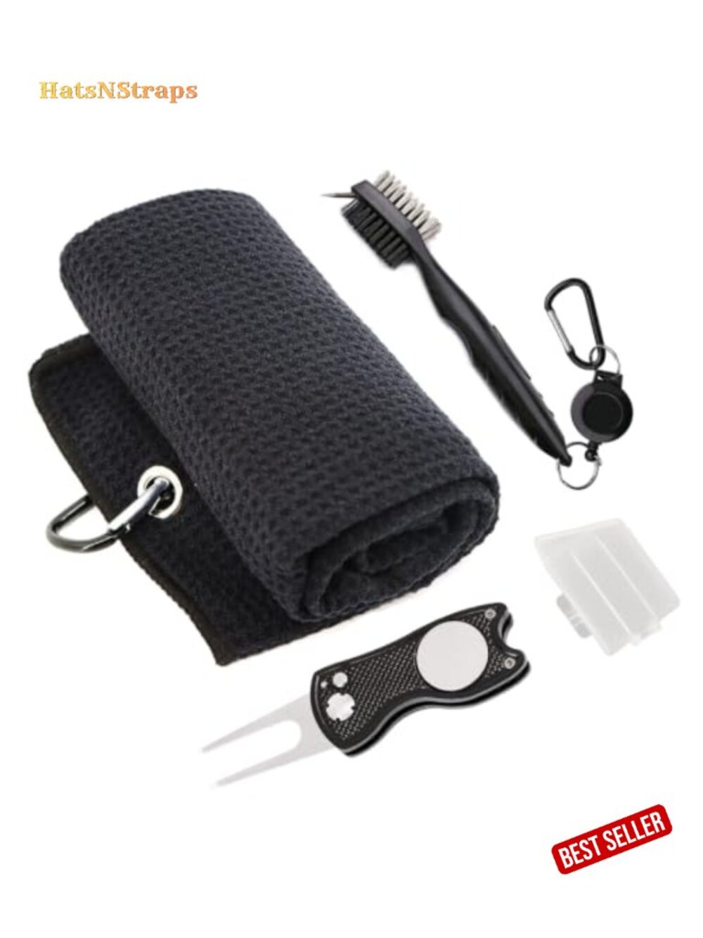 Golf Towel Kit Foldable Divot Tool Magnetic Ball Marker Brush